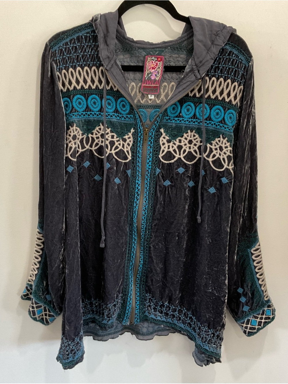 Johnny Was Grey, Teal & Cream Embroidered Zip Hoodie sz Med